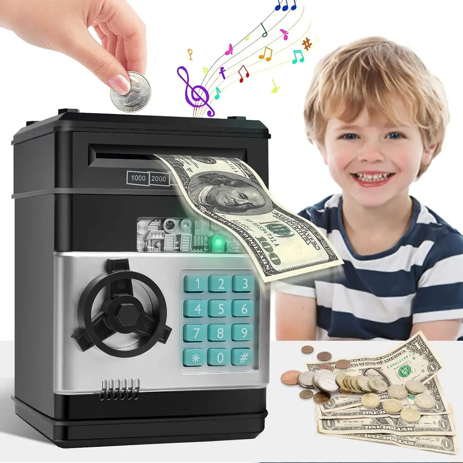 Piggy bank for girl,Pink/black Piggy Bank for Kids with Password Code Lock and Auto Grab Bill Slot, Real Money Cash Coin Can Saving Box Electronic Money Safe Bank, Hot Gift for 4 7 8 9 10 11 Year Old Boys Girls，money saving binder