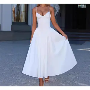 Elegant White Spaghetti Strap Dress Ruched Waist Tie Back Tea Break Dress First Love Gentle Style for Women
