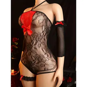 Elegant 4pcs Lace Bodysuit Set with Matching Sleeves and Thigh Bands - Sexy Hollow-Out Mesh Lingerie Ensemble in Black and Red, Chic Adult Costume for Parties and Events, Intimate Apparel |   Sexy Lingerie |   Delicate Detailing