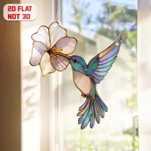 Hummingbird Acrylic Hanging , Bird Window Hanging with Flower, Floral Stained Glass Style Decor, Nature Lover Gift