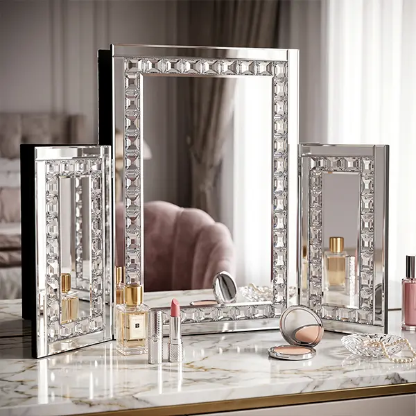 Tri-Fold Vanity Mirror, 31.5" x 23.6" Silver Wall-Mounted/Tabletop Makeup Mirror with Crushed Diamond Inlay, 3-Panel Foldable Mirror for Bedroom, Dressing Room, Bathroom, Glam Decor