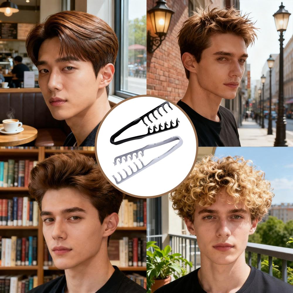 2PCS Texture Comb for Men’s Hair! Dual-Sided Wide & Fine Teeth for Volume, Fluffy Styles & Root Lift. Non-Slip Travel Comb for Guys Used In Combination With The Shaping Spray (Black + Gray)