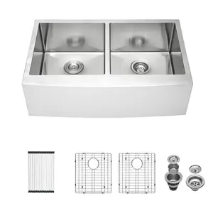 Sarlai 33 x 21 Inch Farmhouse Undermount Kitchen Sink 50/50 Double Bowl  Undermount Kitchen Sink 16 Gauge Stainless Steel Sink