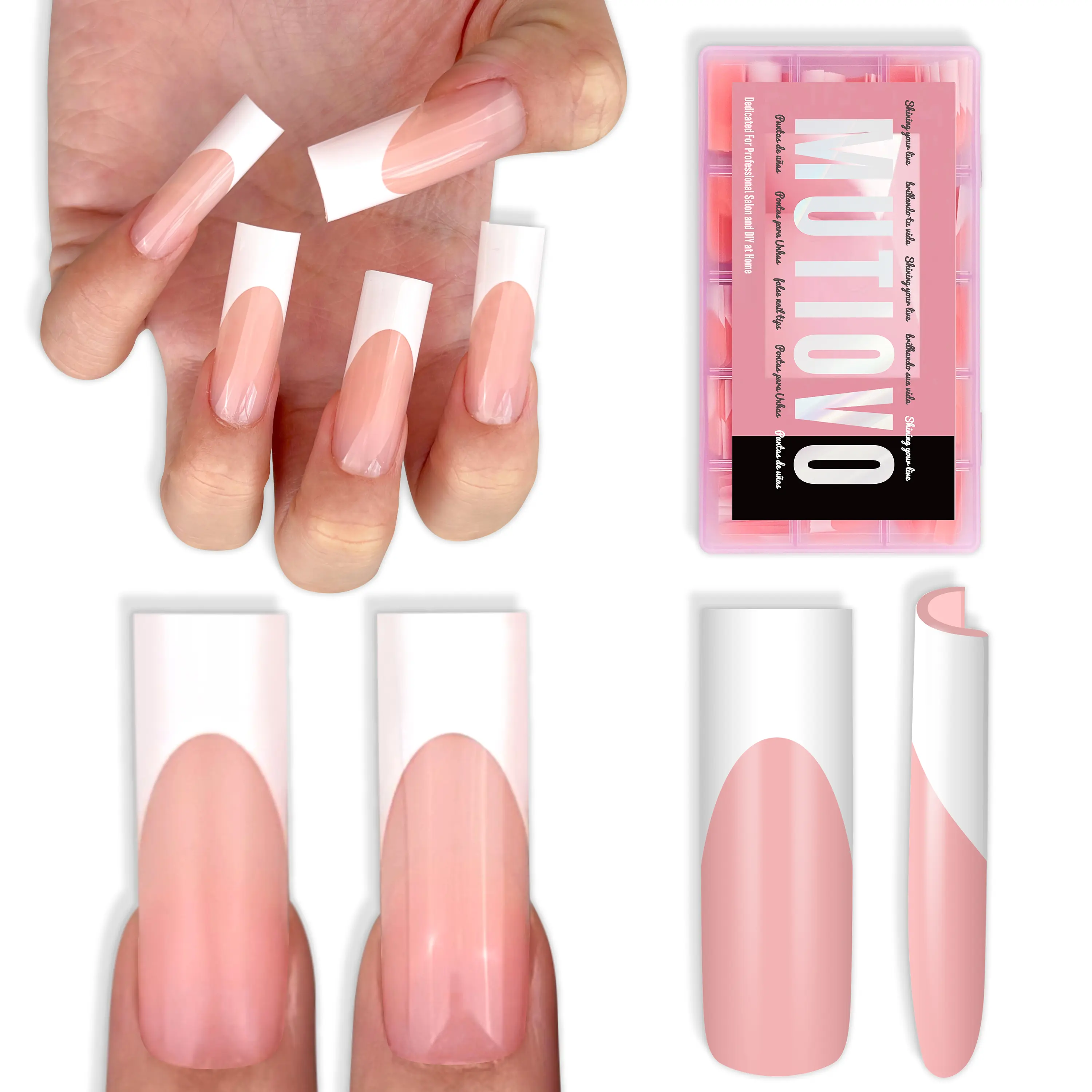 MUTIOVO White French Tip Long Straight Square Nail Tips Press on, BABY PINK Extra Thick Soft Gel Nail Extension, Full Cover False Nails, NEED Builder Glue Gel & Top Coat, for DIY x 15 Sizes 180 pcs