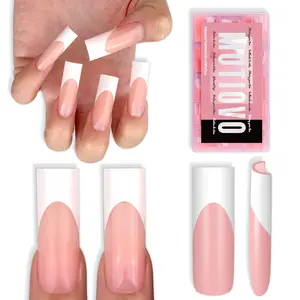 MUTIOVO White French Tip Long Straight Square Nail Tips Press on, BABY PINK Extra Thick Soft Gel Nail Extension, Full Cover False Nails, NEED Builder Glue Gel & Top Coat, for DIY x 15 Sizes 180 pcs