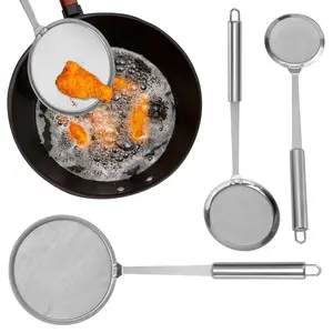 3 piece Stainless Steel Fat Skimmer Spoon Metal Flat Cooking Skimmer Ladle Colander With Handle for Skimming, Cooking, Frying, Grease, Gravy