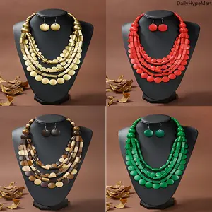 Wood Slice Beaded Multi-Layer Sweater Chain, Ethnic African Style Necklace, Ideal Anniversary Gift