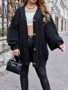 Women's Solid Fitted Button Front Twist Knit Cardigan, Casual Bishop Sleeve Knitwear for Fall & Winter, Women's Long Sleeve Knit Clothing for Daily Wear Tops, Womenswear