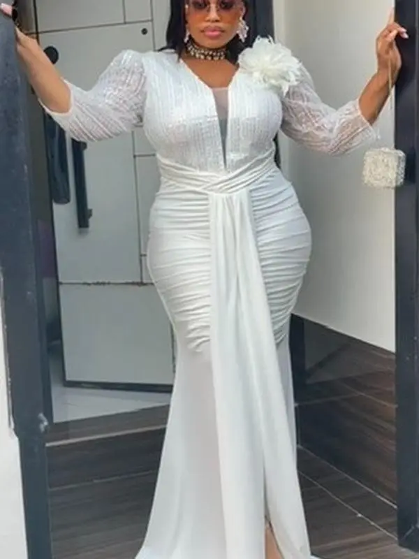 Sparkly White Sequin Draped Ruched Maxi Dress for Wedding Guest Mother of The Bride Dinner Photoshoot Birthday Party Dinner Cocktail Gala Reception Graduation Turkish Womenswear Long Formal Evening Mermaid Gown