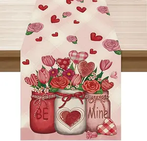 Roses Flowers Love Hearts Vase Valentine’s Day Table Runner Table Decoration for Party Home Kitchen Dining Dinner Holiday Decor 13x72 Inch