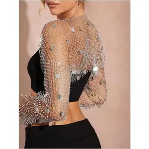 Fishnet Sequined Cardigan Top Diamond Blingbling European and American Coverups Top
