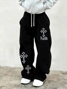 Men's Loose-Fitting Straight Leg Pants, Elastic Waistband, Side Pockets, Cross Pattern, Unisex Street Dance Casual Commute Wear