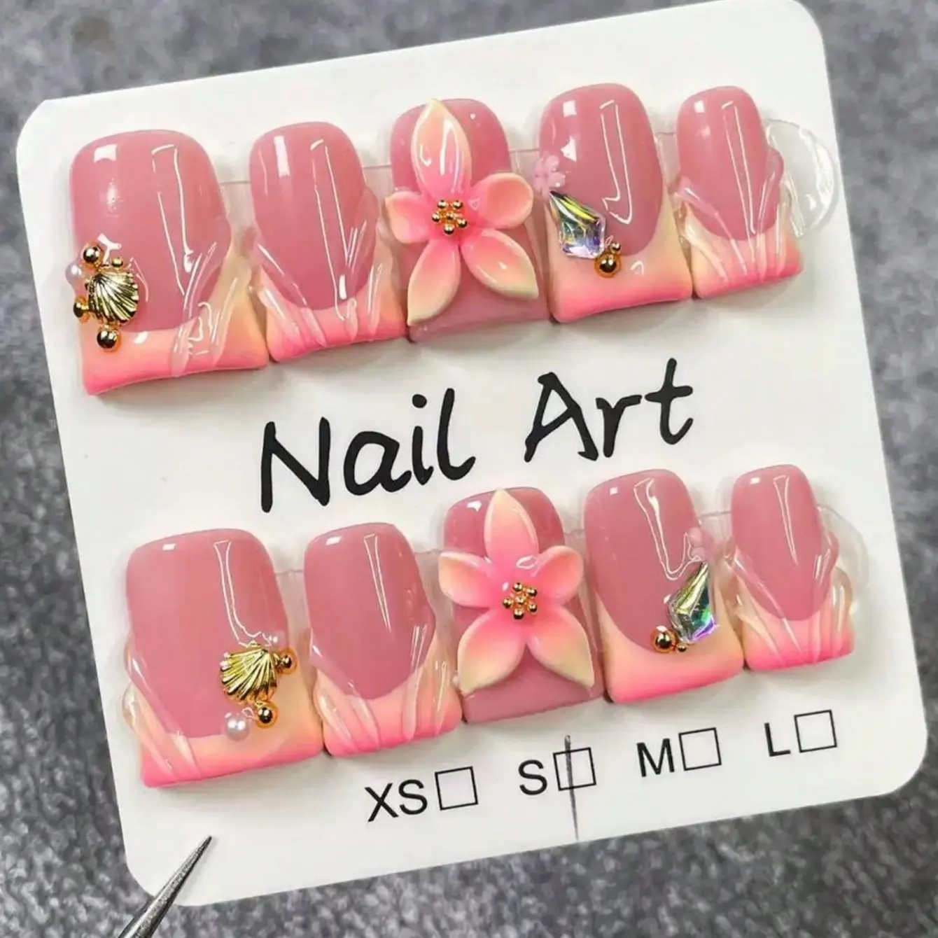 10-Piece Y2K Hip-Hop Nail Art Set, French Tips in Nude, 3D Flower, Gold Beads, Shell Decor, Rhinestones, Party, Daily Wear, Gift, Nail Design, Nail Art Products