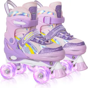 8 Light Up Wheels Self-Powered, Nattork Rainbow Roller Skates for Girls Ages 4-10, 4-Size Adjustable Quad Skates, Birthday Christmas Gift, Purple/Mint