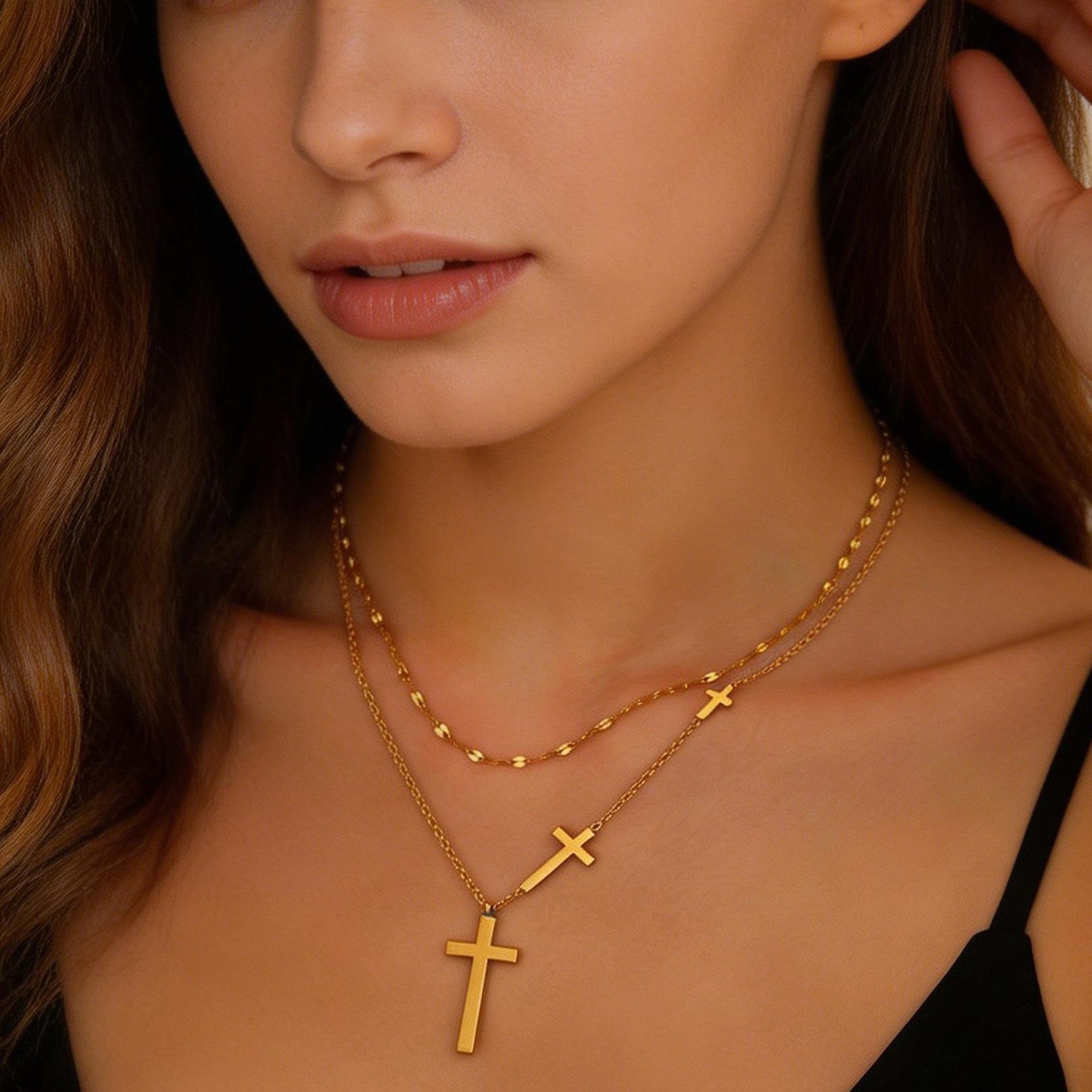 Gold Cross Necklace for Women Dainty Non-Tarnish Layered Necklaces Sideways Cross Pendant Stack Baptism Jewelry