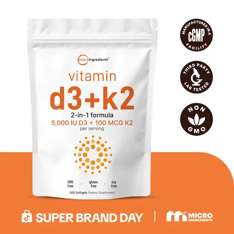 Micro Ingredients Vitamin D3 K2 5000IU Softgels | Infused with Sunflower Seed Oil, Vitamin K2 MK7 + Vitamin D Supplement, Non-GMO, No Gluten