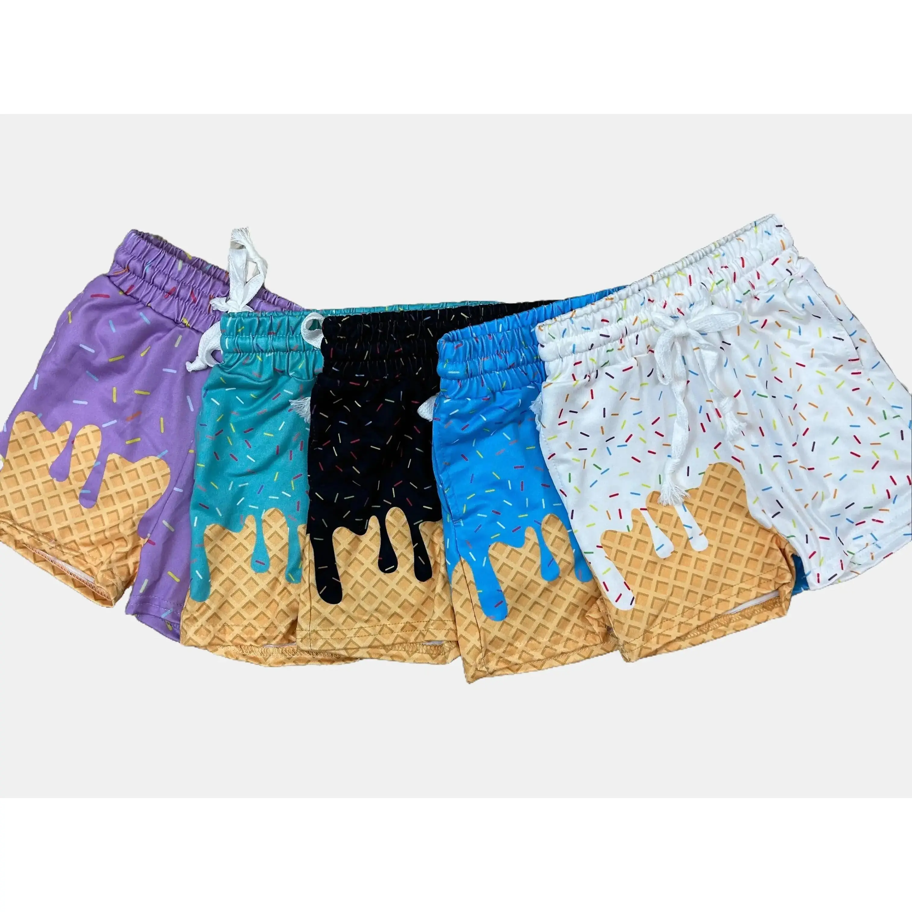 Boys' Loose-Fitting Waffle Blue Baseball Shorts - Milk Ice Cream Silk Summer Kids' Clothes with Sprinkles, Edgy Print, Comfortable Cut, Everyday Wear, Elastic Waist Shorts