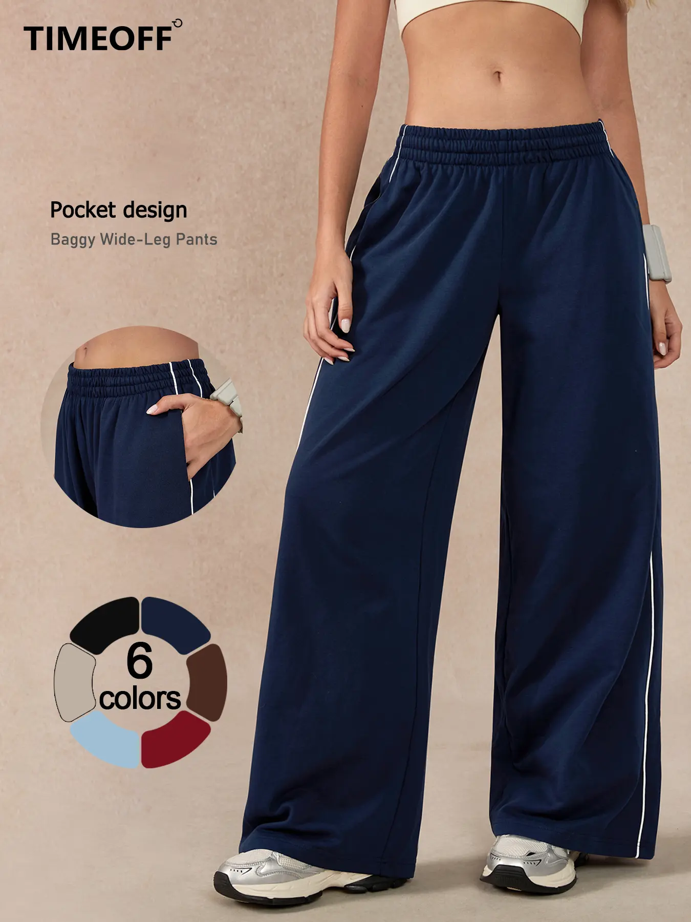 TIMEOFF Women's Loose Wide-Leg Track Pants with Side Trim, Casual Gym Bottoms with an Adjustable Elastic Waist and Pockets for Lounging, Women's Clothes, Oversized, Style, Baggy Pants, Relaxed Fit Flatters With Ease, Comfortable Stretch Pants