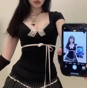 Y2K Contrast Lace & Ribbon Bow Detail Slim Fit T-Shirt - Black & White Color Block Square Neck Summer Top, Machine Washable Women's Fashion Tee, Everyday Fashion, Elegant Lace Accents