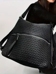 Ladies' fashionable mesh lightweight backpack with front pocket, zip backpack, large capacity backpack, minimalist daily use, portable wide shoulder strap, multifunctional crossbody handbag, Lightweight Casual Daypack