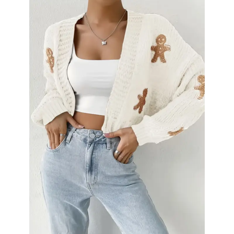 Women's Cute Gingerbread Cropped Button-Front Polyester Knit Cardigan with Contrast Trim for Fall-Winter