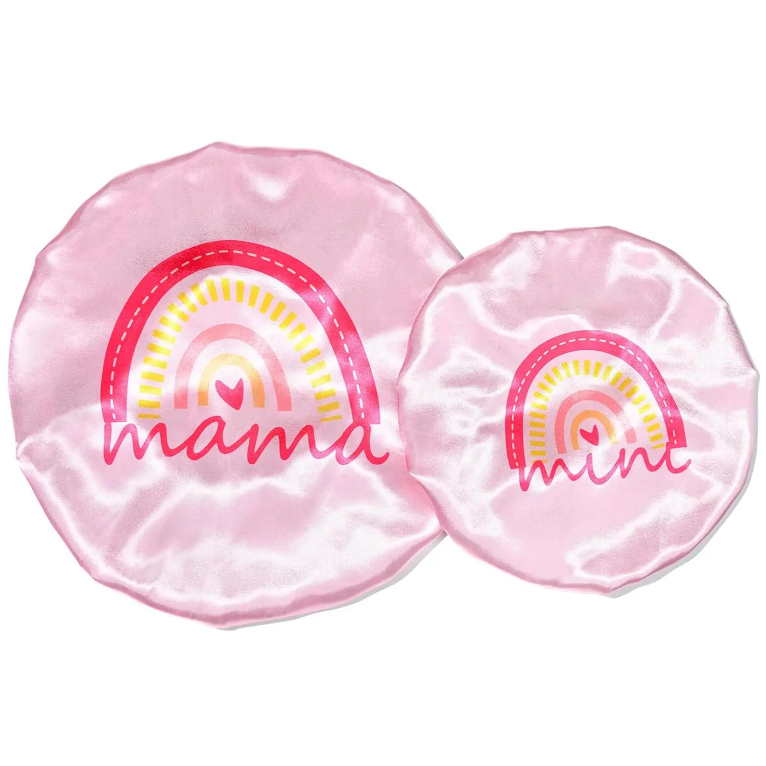 L-A13    Mommy & Baby Bonnet Set: Reversible Double-Layer Sleep Cap for Women, Girls & Toddlers with Curly Hair (Adjustable, Pink Rainbow) Elastic Haircare
