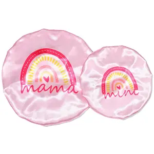 L-A13    Mommy & Baby Bonnet Set: Reversible Double-Layer Sleep Cap for Women, Girls & Toddlers with Curly Hair (Adjustable, Pink Rainbow) Elastic Haircare