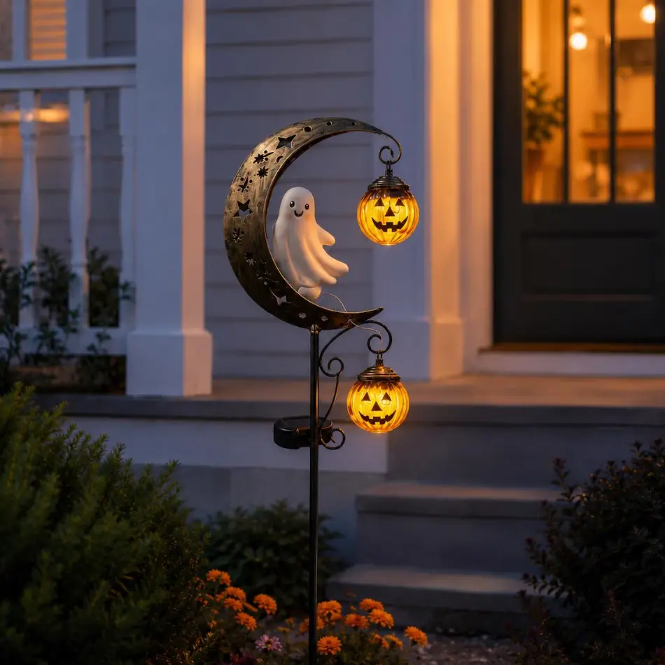 Solar Halloween Ghost on Moon Stake Light - Outdoor Waterproof LED Pathway Marker, Cute Spooky Metal Crescent Moon with Hanging Pumpkin Lantern Ornaments, Warm Glow Garden Lawn Patio Decor