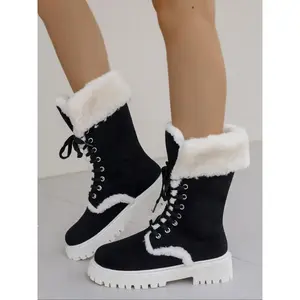 Women's Plush Mid-Calf Snow Boots, Velvet Design with Trim, Round Toe Thick Sole, Lace-Up Closure, Warm & Comfortable for Winter Wear, Winter Boot Shoes