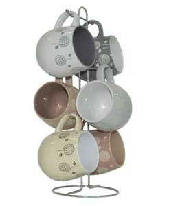 6 Pc., Ceramic Coffee Mug Set with Metal Stand, 17oz