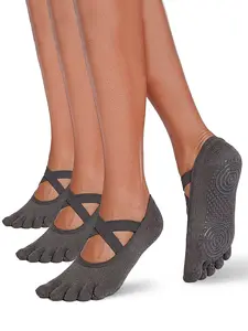3 Pairs Aesthetic Pilates Princess Grip Socks, Cotton Blend Women's X-Strap Five Toe Yoga Socks, Anti-Slip Toed Socks for Barre & Dance, Cute Studio Essentials