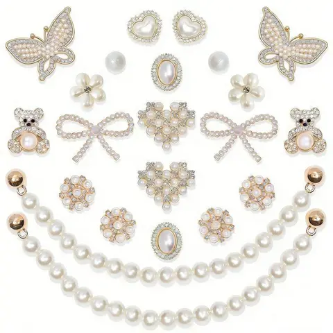 Women's 24-Pcs Sparkling Shoe Charms - Pearl, Flower, Rhinestone Shoe Chains, Bling Beauty Accessories for Party Footwear