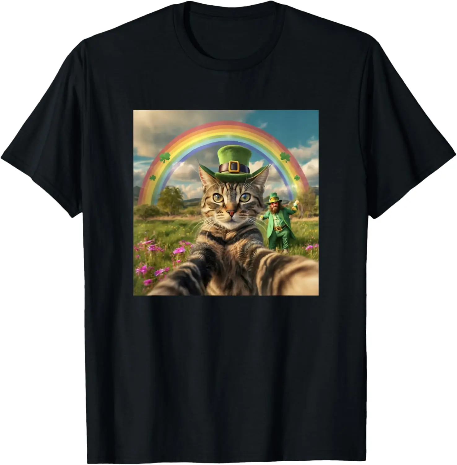 Women's 100% Cotton Vintage Streetwear T-Shirt - Casual Distressed Graphic Top, St Patrick's Day Cat & Leprechaun Funny Selfie Everyday Clothes