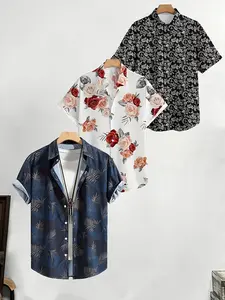 3 pieces of men's short-sleeved button-down shirts - Floral pattern collar beach resort set, machine-washable front-buttoned shirts, suitable for summer gatherings, casual hiking outfits, poolside wear and vacation-style dressing.