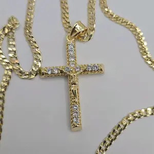 CHRIST ON THE CROSS clear stones Cuban link style necklace gold-plated 24"inches stamp