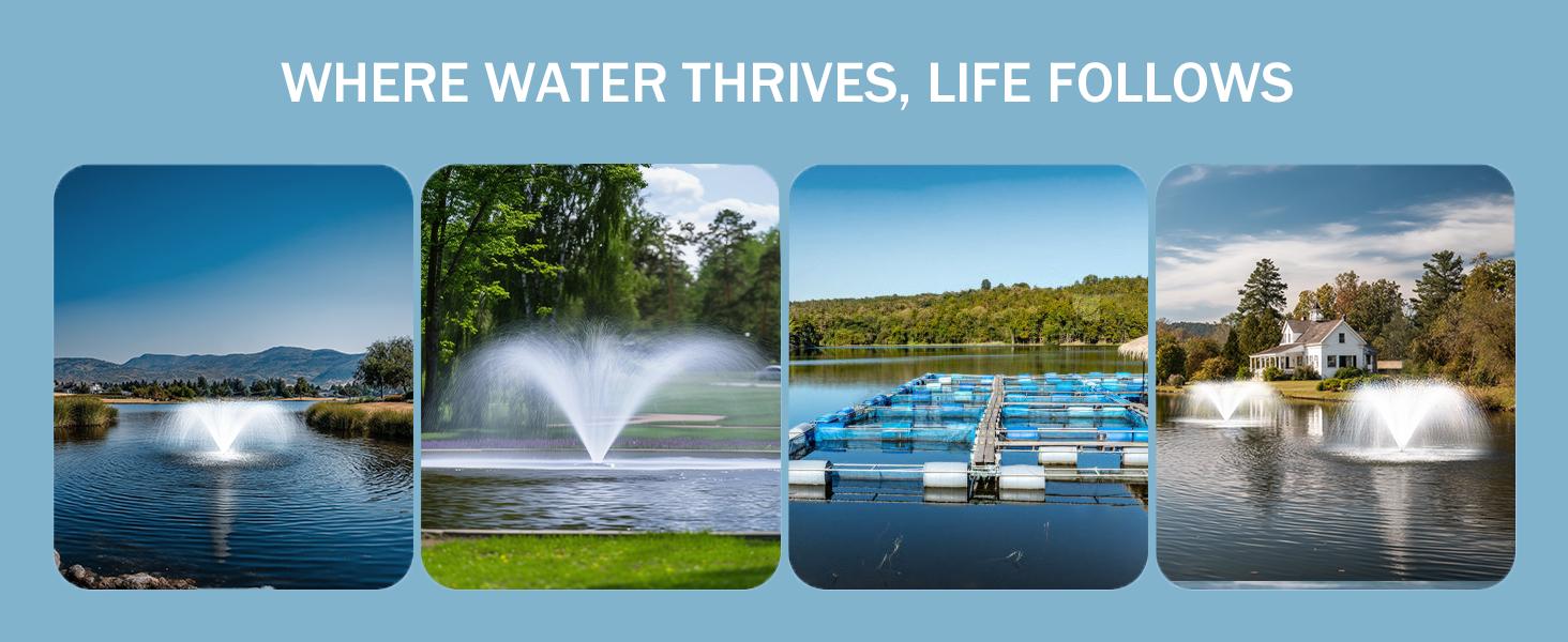 Pond Fountain Aerator  1HP 110V 750W 15000 GPH Floating Fountain Pump with 100 FT Power Cord  2 x 100 FT Rope Timer  Fully Automatic Powerful Aerating Fountain for Larger Ponds, Lakes