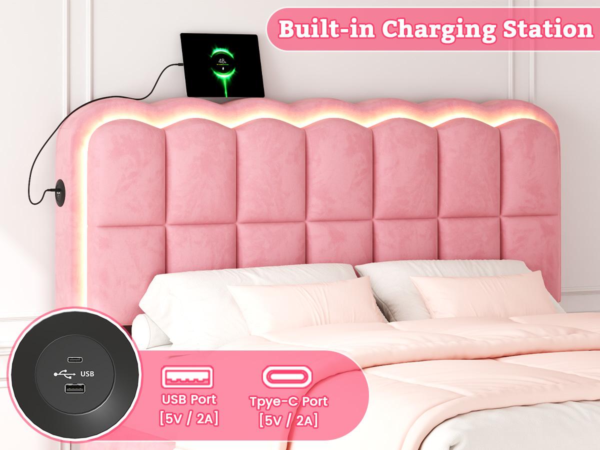Mraeer Modern Bed Frame with 4 Big Storage Drawers for Queen/Full/Twin Size, Luxury Upholstered Platform LED Bed Frame with Built-in Charging Station & Shelf on Headboard - Contemporary Furniture, Dorms, Attic, Guestroom, 1000LBS Capacity