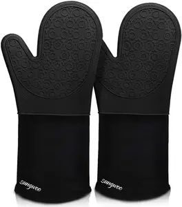 Extra-Long Silicone Oven Mitts 14.6” – Heat-Resistant Quilted BBQ & Baking Gloves with Non-Slip Grip for Cooking, Grilling & Kitchen Safety, 1 Pair, Black