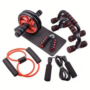 A complete 7-piece ab workout set, including a push-up stand, ab wheel, mini mat, resistance band, jump rope, and hand grips – strengthen your core, build muscle, and burn fat.