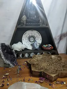 Triangle Moon Phase Altar Shelf w/ Mirror Hand Painted Wood Crystal Display Shelves Large Ritual Sacred Decor Geometric Essential Oil Holder