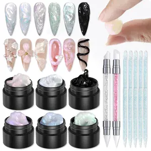 Aurora Mermaid 6 Colors Solid Builder Gel for Nails - 3D Sculpting Non-Stick Hand Carving Extension Kit With Silicone Sculpture Pen for Manicure Salon Home DIY