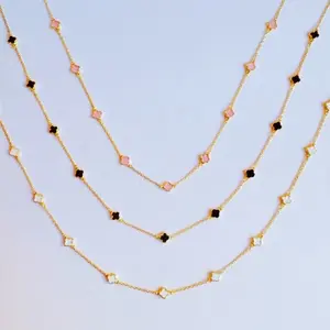 Petite Colored Clover Necklace - Elegant Gold Chain with Pink and Black Clovers for Women's Fashion