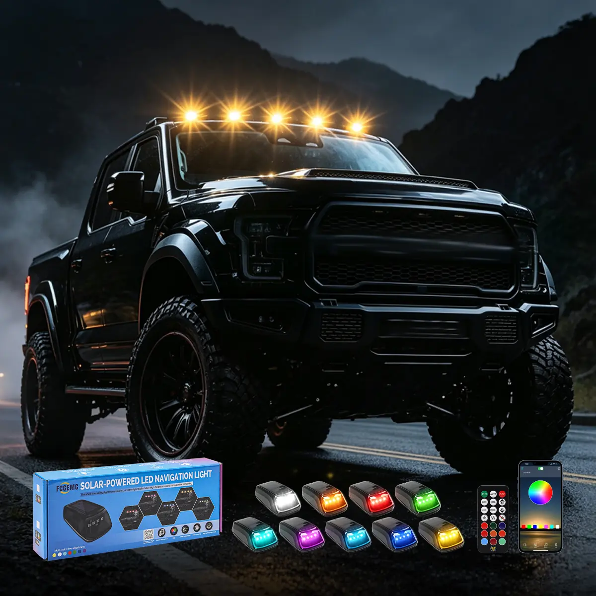 2026 New Solar Cab RGB Strobe Lights Solar Powered No Drill Truck Cab Roof LED with Motion Vibration Sensor IP67 Waterproof Roof Lights for Truck SUV Rvs