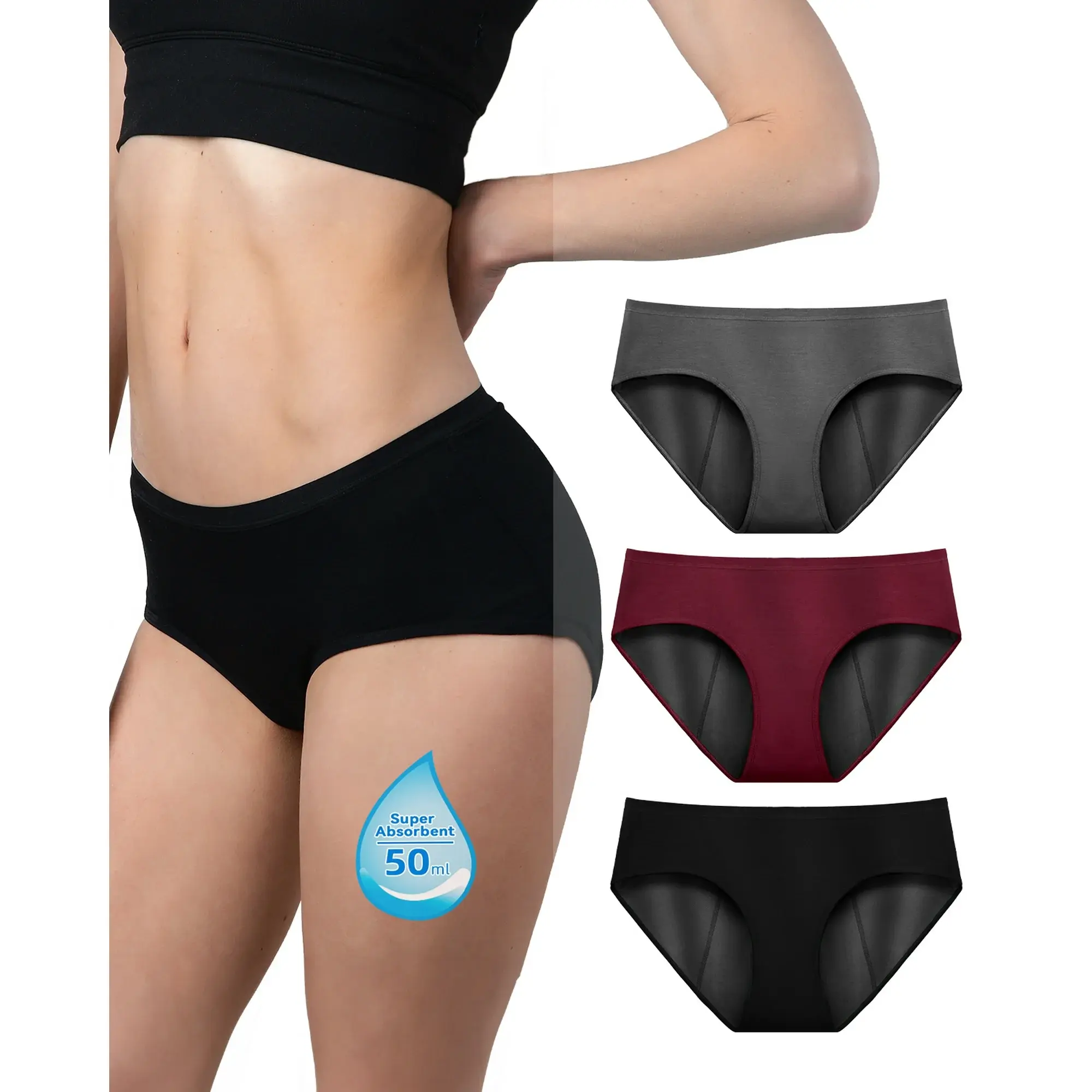 Period Underwear for Women Silky Soft Absorbent Hipster Panties Teen Menstrual Underwear 3 Pack (Large, Black/Burgundy/Charcoal Gray)