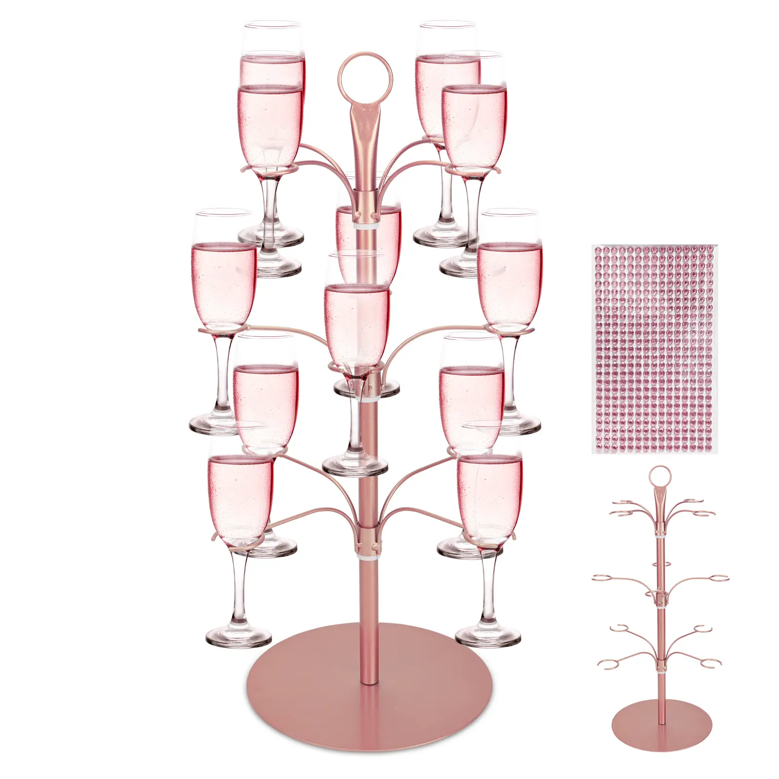 Iron 3-Tier Freestanding Cocktail Tree Stand - 12 Glasses Champagne Tower with Crystal Stickers, Metal Holder for Cocktails, Martini, Wine, Drink Display for Home Bar, Wedding Party (for Home Decor Lovers)