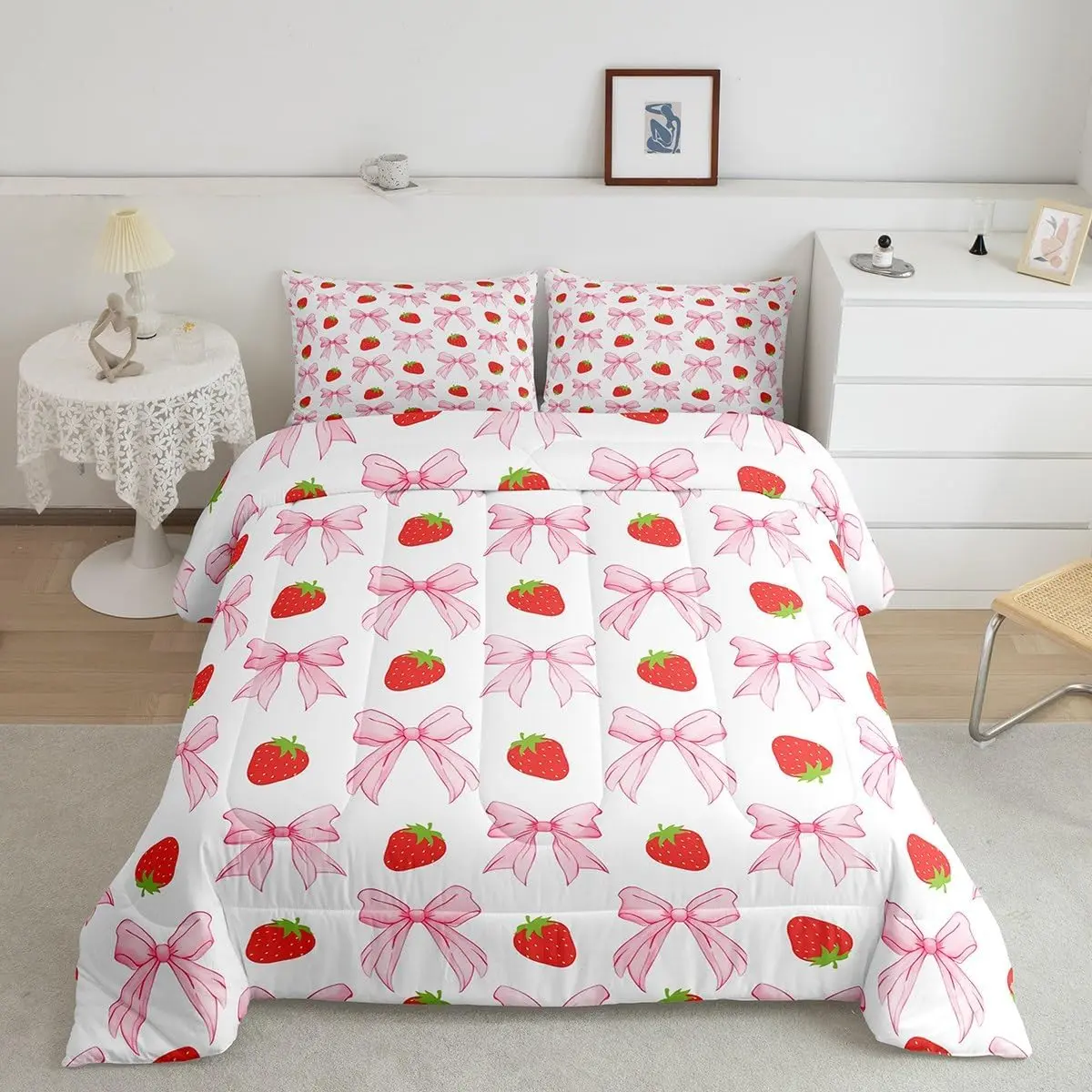 Kids Pink Bowknot Comforter Set,Strawberry Comforter Dreamy Princess Bedding Set Colorful Bow Duvet Set Bedroom Decor Microfiber Bed Set
