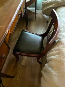 Antique Klismos-Style Accent Chair in Dark Olive Leather & Dark Walnut | Restored Early 20th-Century Seating by Viridian Eclection (c. 1900 - 1930)