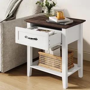 Modern Bedside Table Set of 2, Wood End Tables with Drawer and 2-Tier Open Storage Shelf, Square Nightstand Bedside Table for Bedroom Living Room Dorm Office, White and Grey Home Furniture