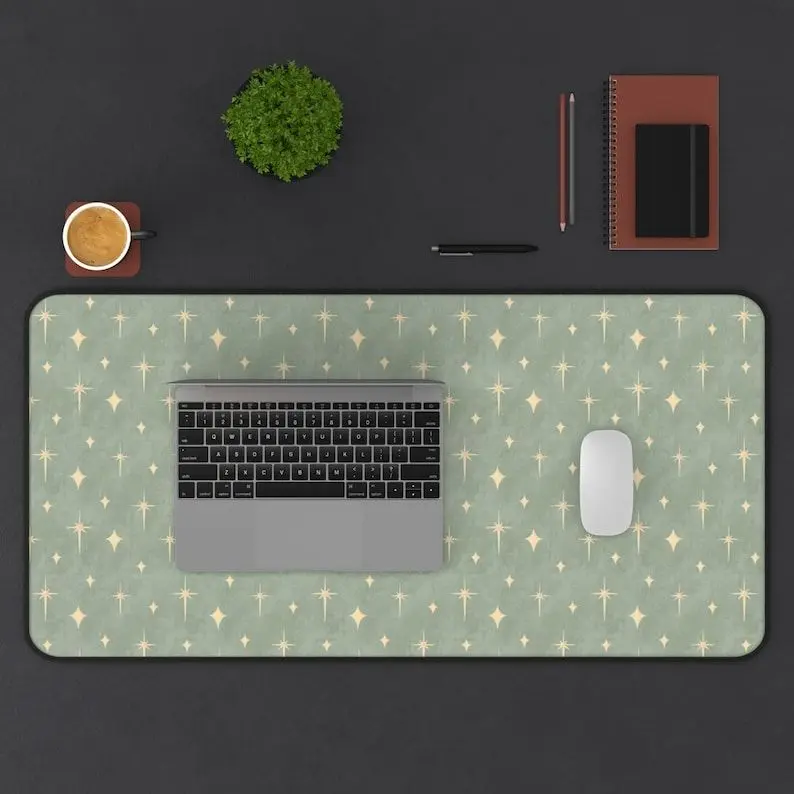 Sage Green Retro Celestial Stars Desk Mat, Indie Boho Aesthetic Desk Decor desk mat