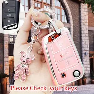 car supplies Keychain Cover for Volkswagen, TPU Key Protection Shell, Suitable for Volkswagen TIGUAN, Santana, Sagitar, LAVIDA, BORA GOLF, TAYRON, Pink, Gift, Keychain